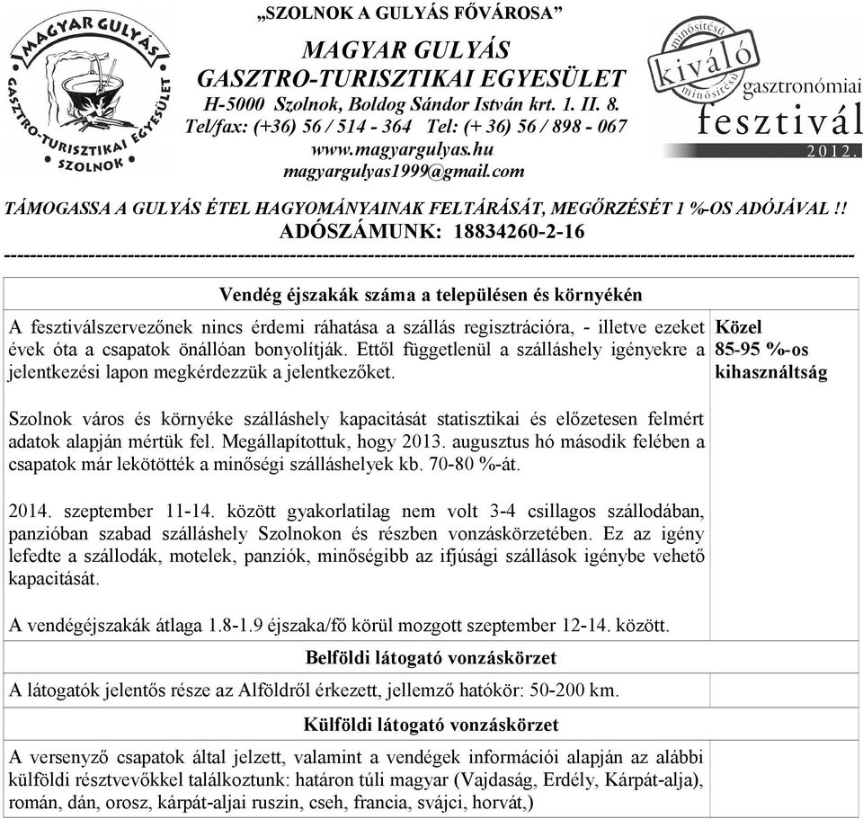 Szolnok város és környéke szálláshely kapacitását statisztikai és előzetesen felmért adatok alapján mértük fel. Megállapítottuk, hogy 2013.
