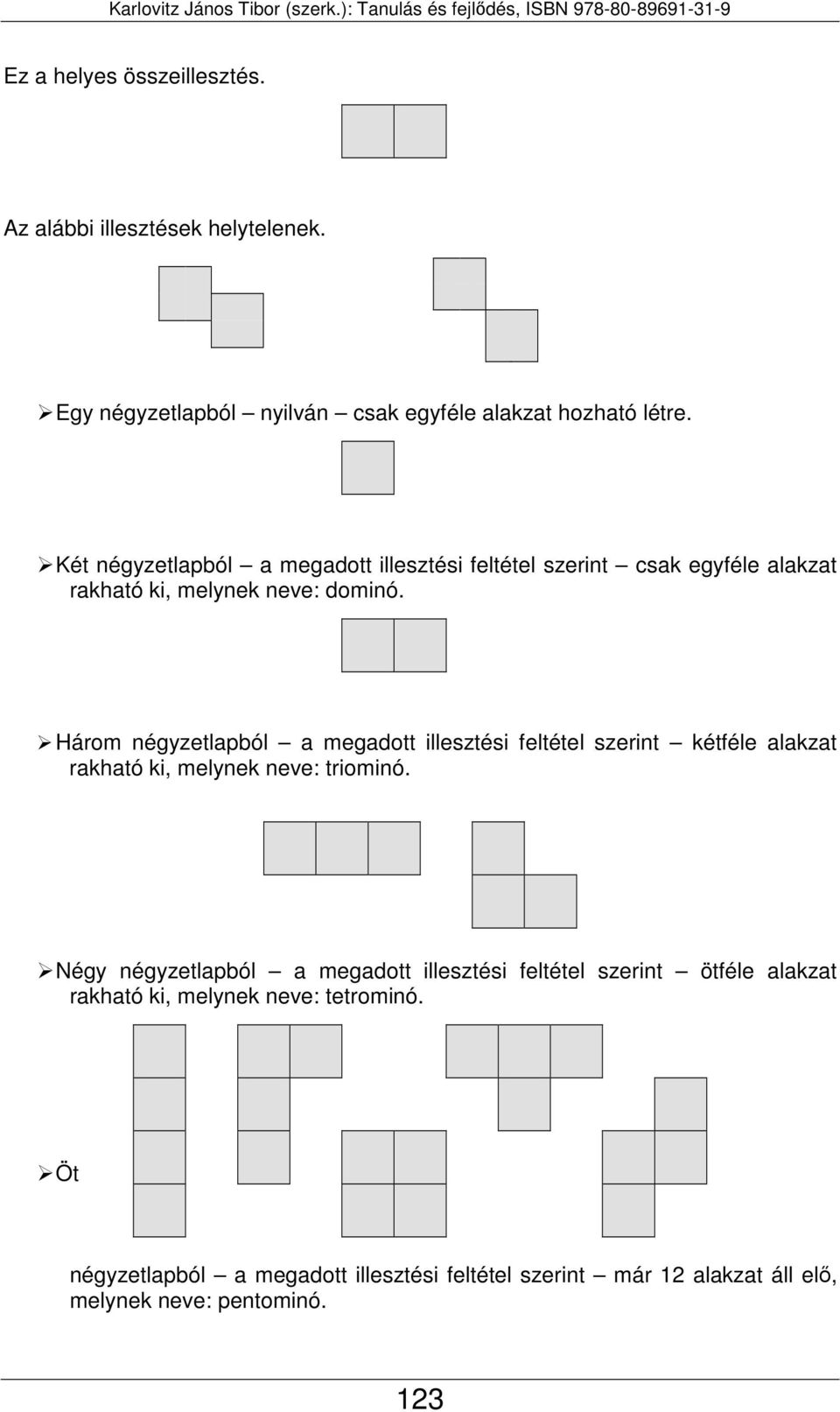 Három négyzetlapból a megadott illesztési feltétel szerint kétféle alakzat rakható ki, melynek neve: triominó.