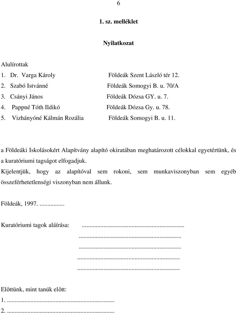 a Földeáki Iskolásokért Alapítvány alapító okiratában meghatározott célokkal egyetértünk, és a kuratóriumi tagságot elfogadjuk.
