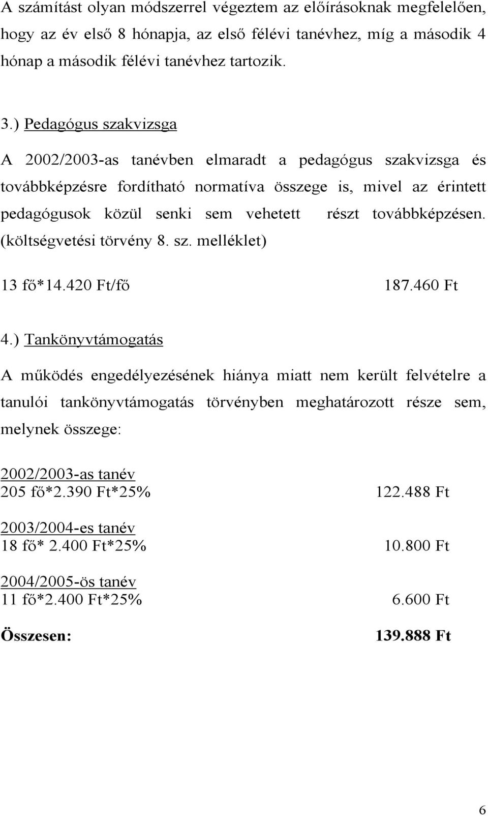 továbbképzésen. (költségvetési törvény 8. sz. melléklet) 13 fő*14.420 Ft/fő 187.460 Ft 4.