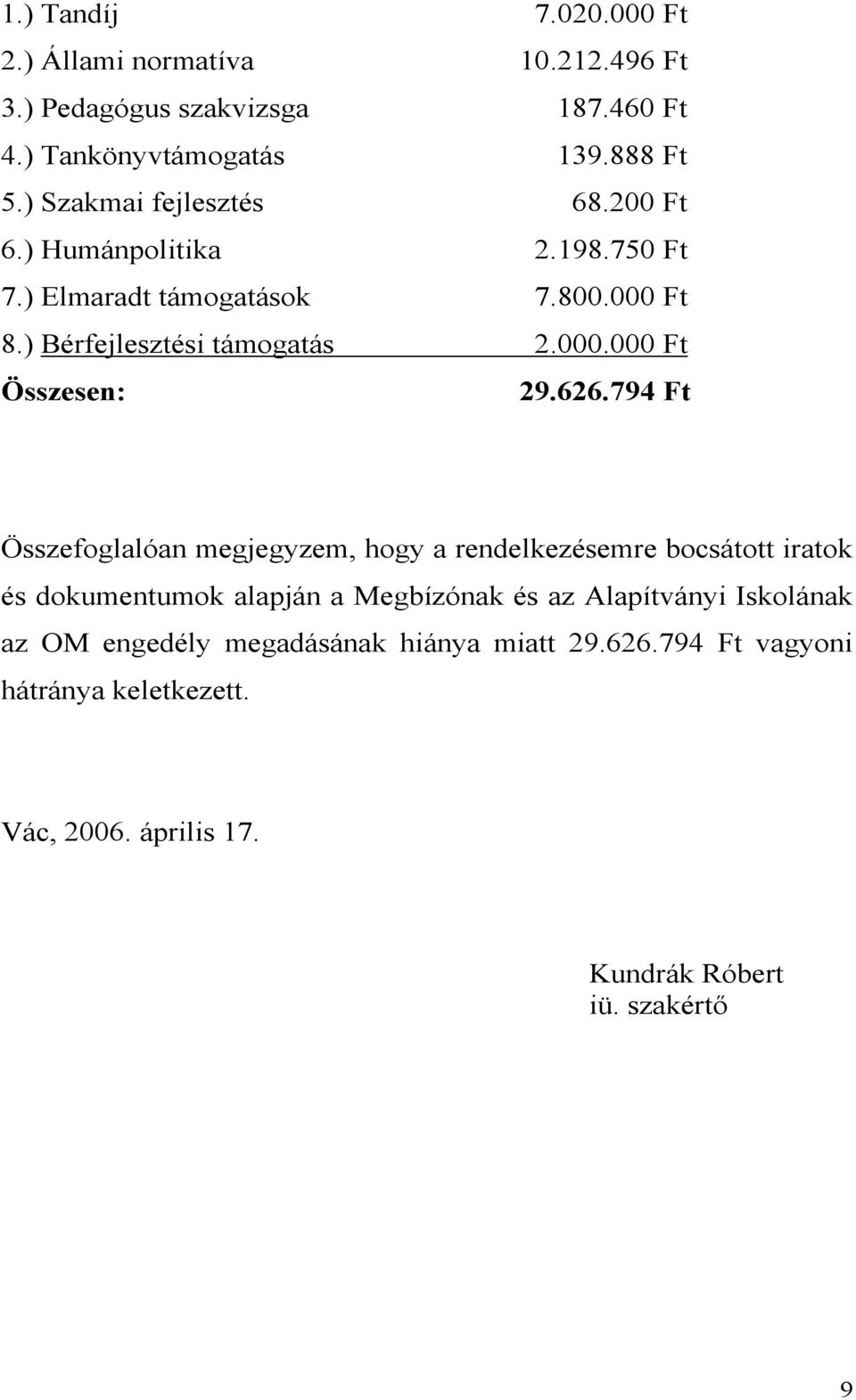 626.794 Ft Összefoglalóan megjegyzem, hogy a rendelkezésemre bocsátott iratok és dokumentumok alapján a Megbízónak és az Alapítványi