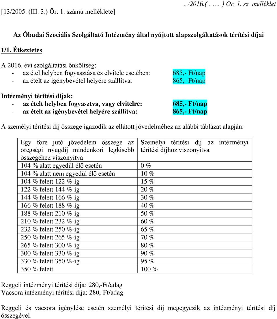 fogyasztva, vagy elvitelre: 685,- Ft/nap - az ételt az igénybevétel helyére szállítva: 865,- Ft/nap A személyi térítési díj összege igazodik az ellátott jövedelméhez az alábbi táblázat alapján: Egy