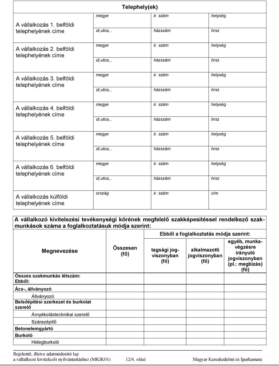 szám cím A vállalkozó kivitelezési tevékenységi körének megfelelő szakképesítéssel rendelkező szakmunkások száma a foglalkoztatásuk módja szerint: Megnevezése Összes szakmunkás létszám: Ebből: Ács-,