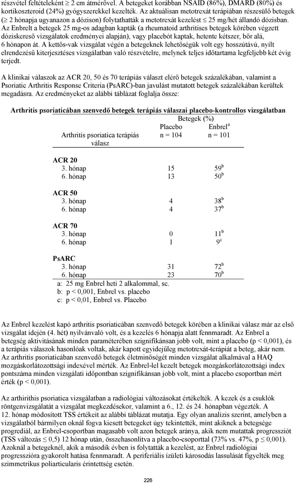 Az Enbrelt a betegek 25 mg-os adagban kapták (a rheumatoid arthritises betegek körében végzett dóziskereső vizsgálatok eredményei alapján), vagy placebót kaptak, hetente kétszer, bőr alá, 6 hónapon