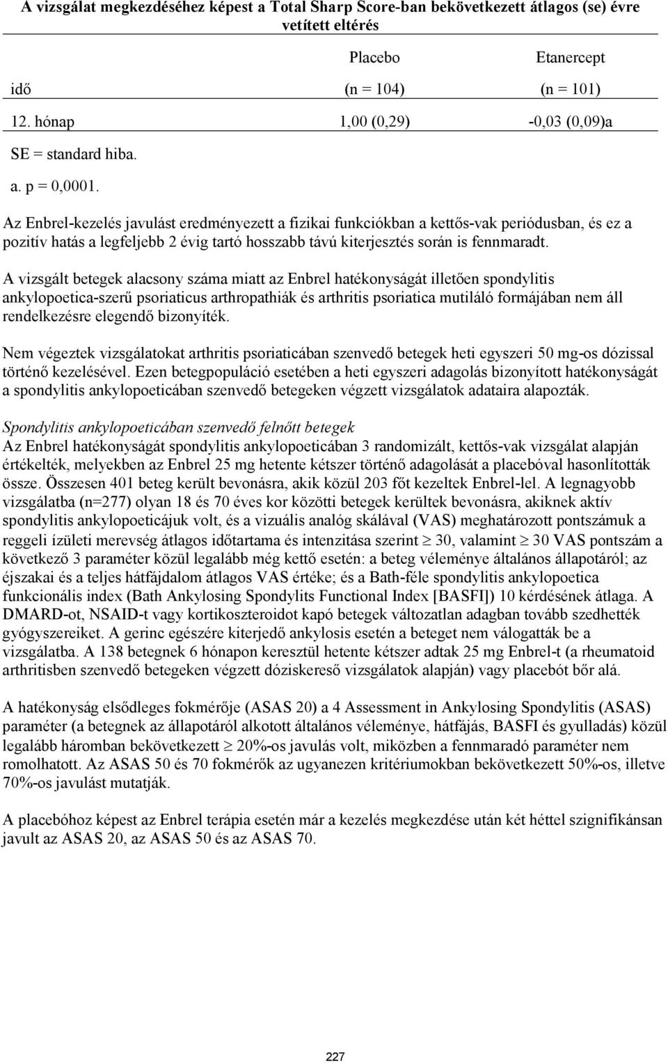 Az Enbrel-kezelés javulást eredményezett a fizikai funkciókban a kettős-vak periódusban, és ez a pozitív hatás a legfeljebb 2 évig tartó hosszabb távú kiterjesztés során is fennmaradt.