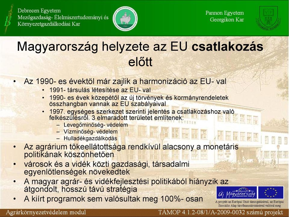 3 elmaradott területet említenek: Levegőminőség- védelem Vízminőség- védelem Hulladékgazdálkodás Az agrárium tőkeellátottsága rendkívül alacsony a monetáris politikának