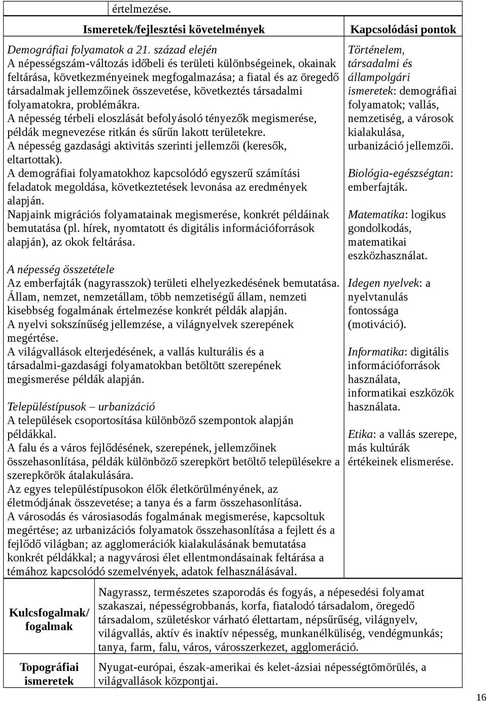 társadalmi folyamatokra, problémákra. A népesség térbeli eloszlását befolyásoló tényezők megismerése, példák megnevezése ritkán és sűrűn lakott területekre.