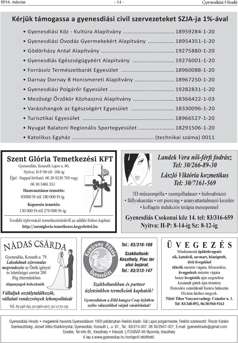 .. 19276001-1-20 Forrásvíz Természetbarát Egyesület... 18960088-1-20 Darnay Dornay B Honismereti Alapítvány... 18967250-1-20 Gyenesdiási Polgárőr Egyesület.