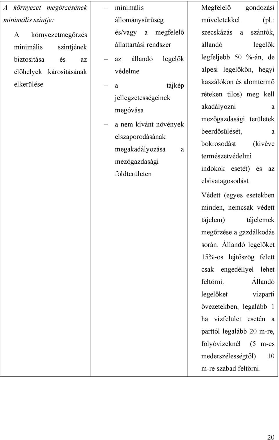 : szecskázás a szántók, állandó legelők legfeljebb 50 %-án, de alpesi legelőkön, hegyi kaszálókon és alomtermő réteken tilos) meg kell akadályozni a mezőgazdasági területek beerdősülését, a