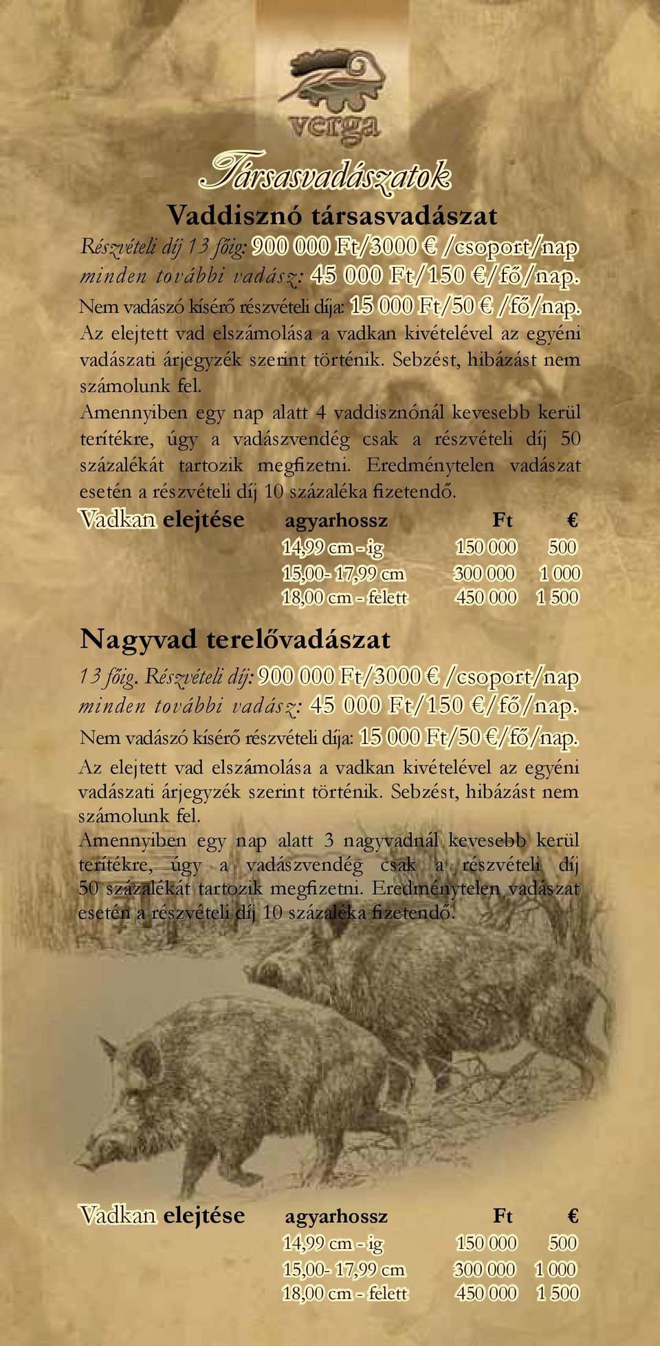 Amennyiben egy nap alatt 4 vaddisznónál kevesebb kerül terítékre, úgy a vadászvendég csak a részvételi díj 50 százalékát tartozik megfizetni.