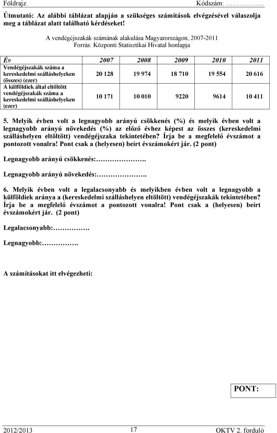 974 18 710 19 554 20 616 (összes) (ezer) A külföldiek által eltöltött vendégéjszakák száma a kereskedelmi szálláshelyeken (ezer) 10 171 10 010 9220 9614 10 411 5.