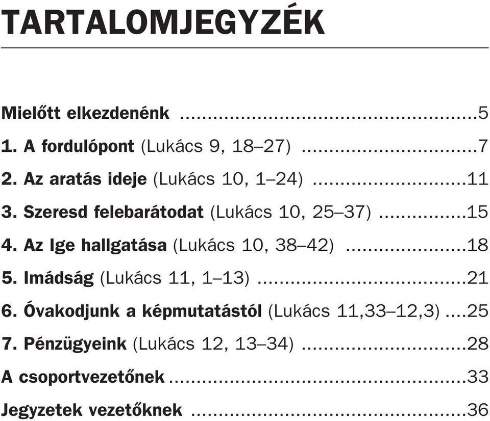 Az Ige hallgatása (Lukács 10, 38 42)...18 5. Imádság (Lukács 11, 1 13)...21 6.