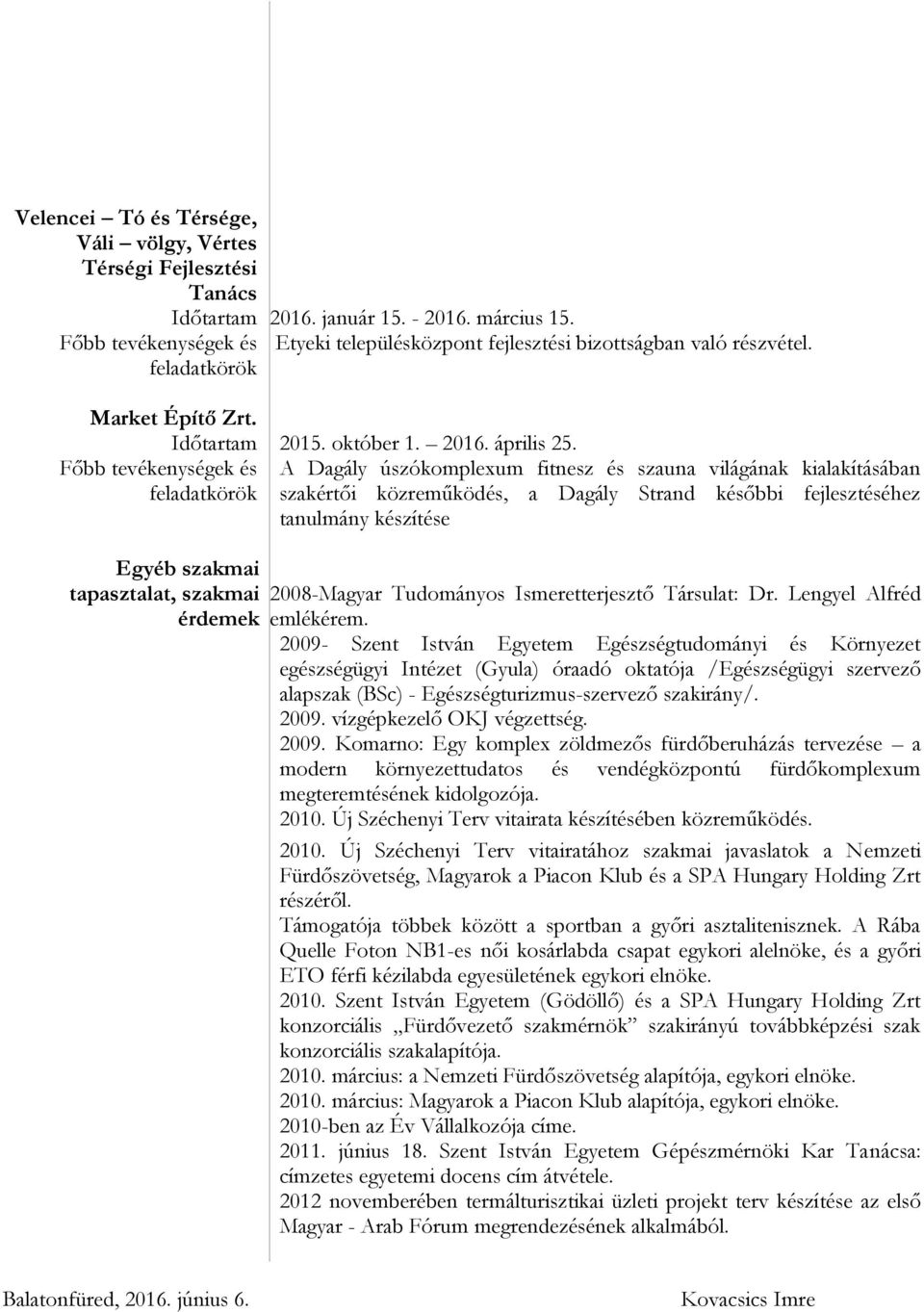 A Dagály úszókomplexum fitnesz és szauna világának kialakításában szakértői közreműködés, a Dagály Strand későbbi fejlesztéséhez tanulmány készítése Egyéb szakmai tapasztalat, szakmai érdemek