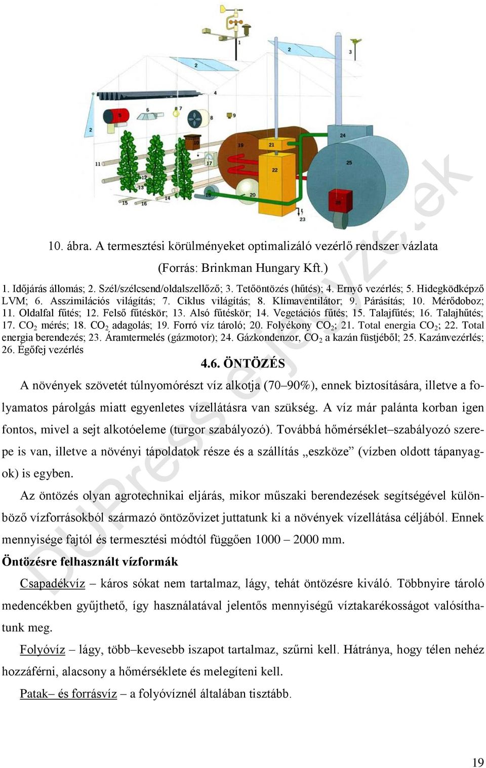 Vegetációs fűtés; 15. Talajfűtés; 16. Talajhűtés; 17. CO 2 mérés; 18. CO 2 adagolás; 19. Forró víz tároló; 20. Folyékony CO 2 ; 21. Total energia CO 2 ; 22. Total energia berendezés; 23.