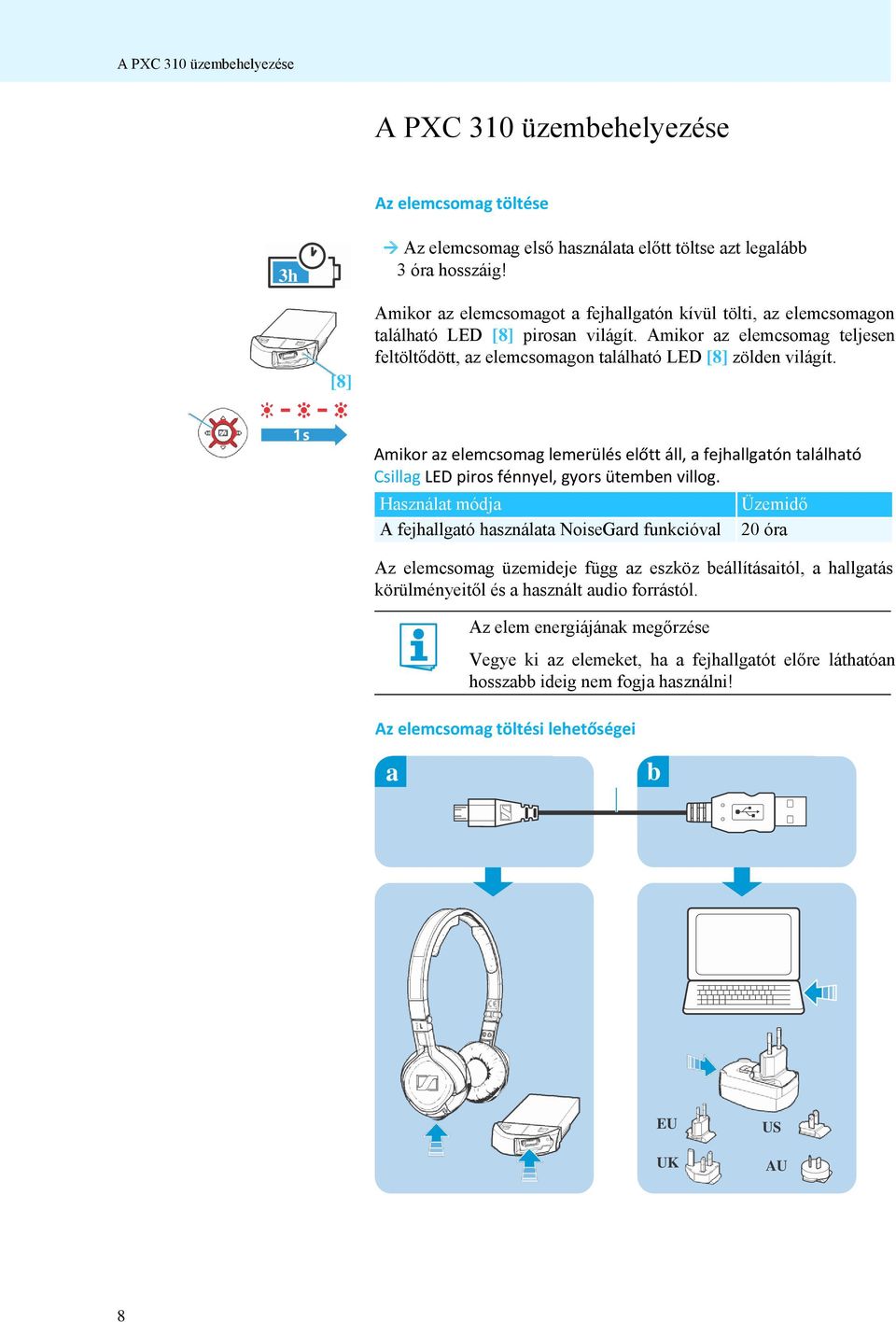 Amikor az elemcsomag lemerülés előtt áll, a fejhallgatón található Csillag LED piros fénnyel, gyors ütemben villog.