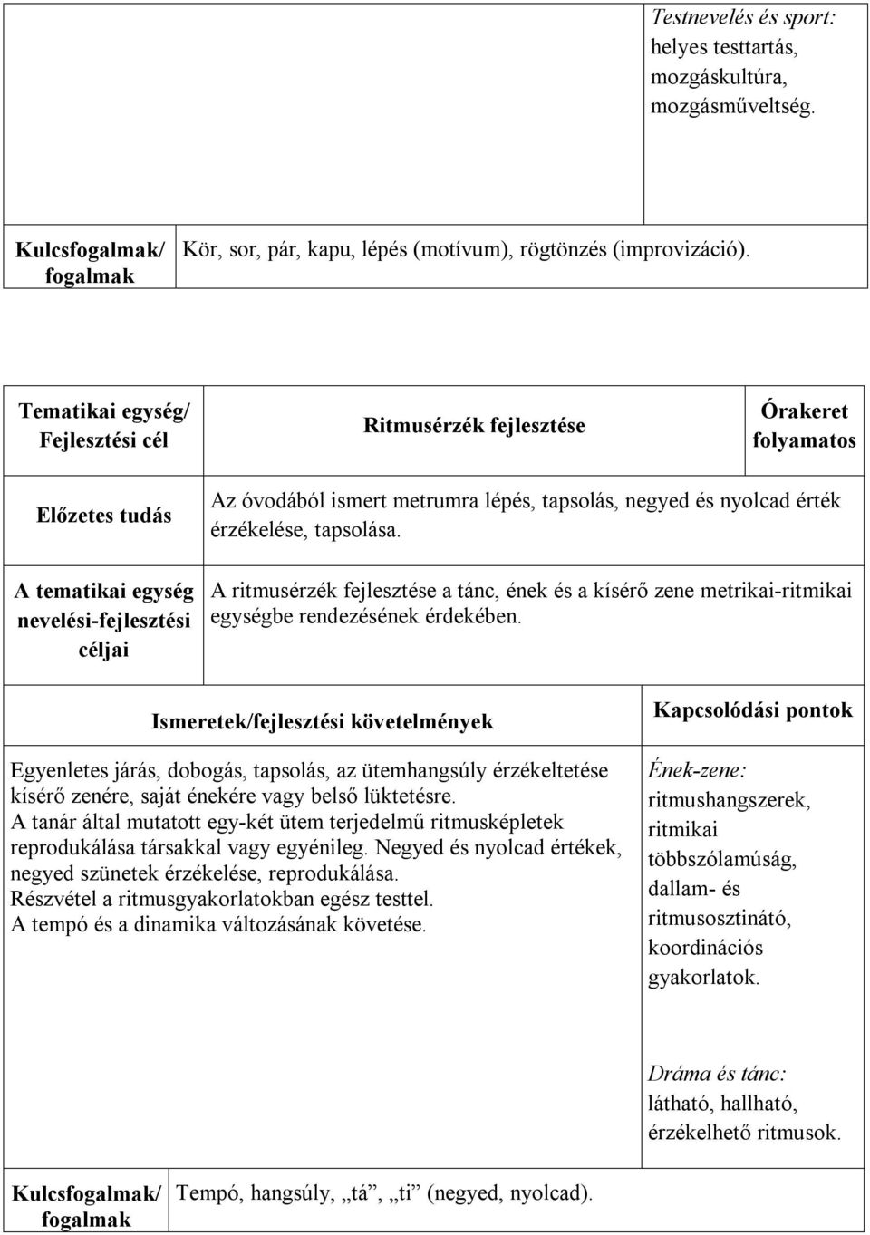 A ritmusérzék fejlesztése a tánc, ének és a kísérő zene metrikai-ritmikai egységbe rendezésének érdekében.
