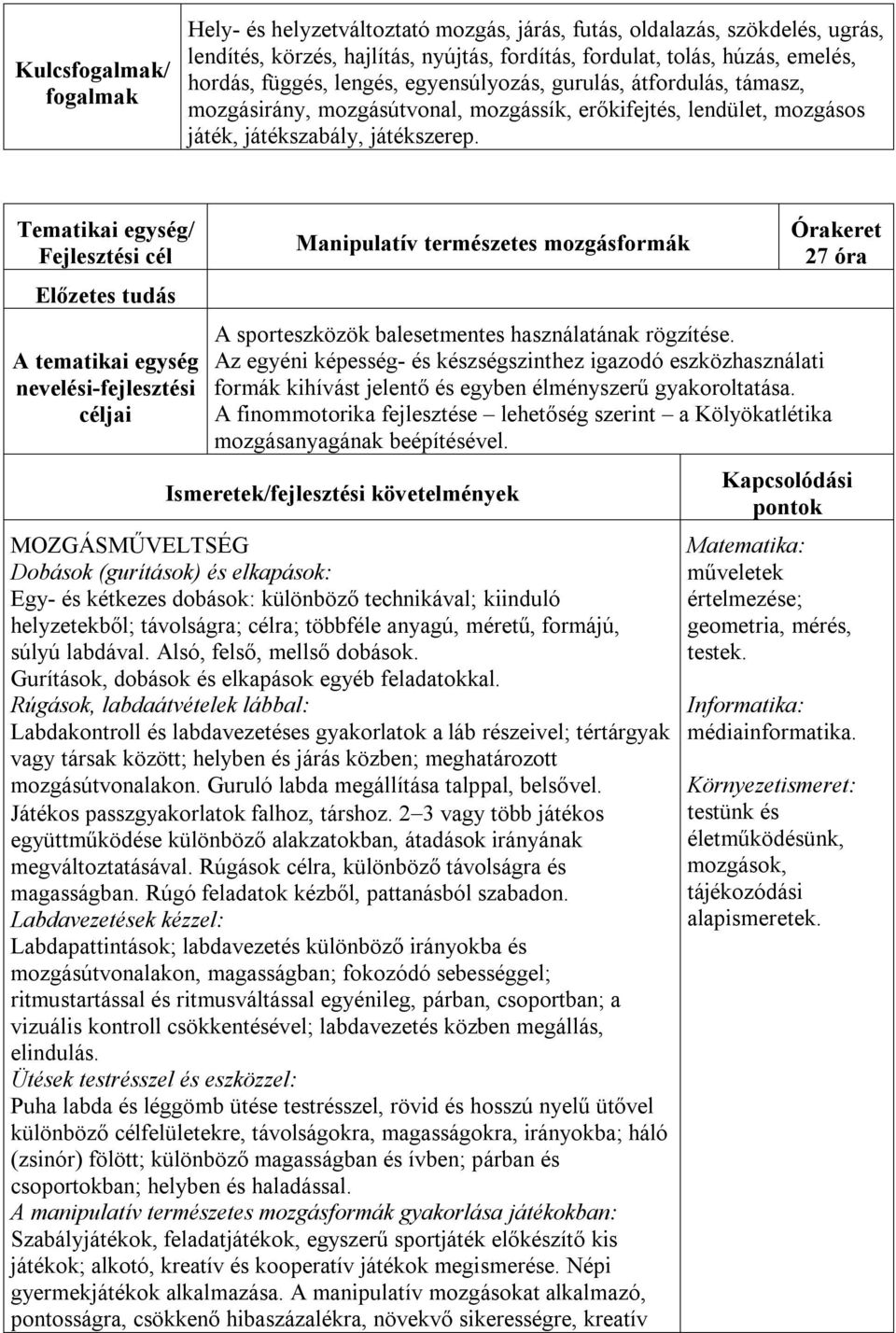 Manipulatív természetes mozgásformák A sporteszközök balesetmentes használatának rögzítése.