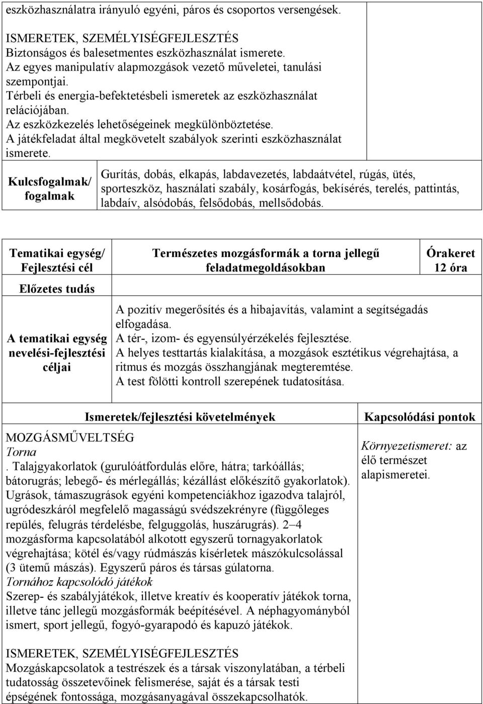 Az eszközkezelés lehetőségeinek megkülönböztetése. A játékfeladat által megkövetelt szabályok szerinti eszközhasználat ismerete.