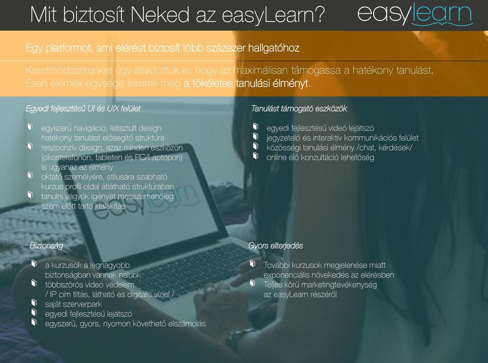 Egyedi fejlesztésű UI és UIX felület egyszerű navigáció, letisztult design hatékony tanulást elősegítő struktúra reszponzív design, azaz minden eszközön (okostelefonon, tableten és PC/Laptopon) is