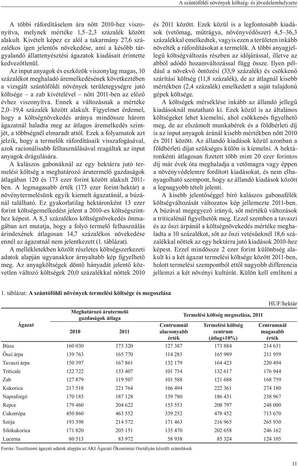 Az input anyagok és eszközök viszonylag magas, 10 százalékot meghaladó áremelkedésének következtében a vizsgált szántóföldi növények területegységre jutó költsége a zab kivételével n tt 2011-ben az
