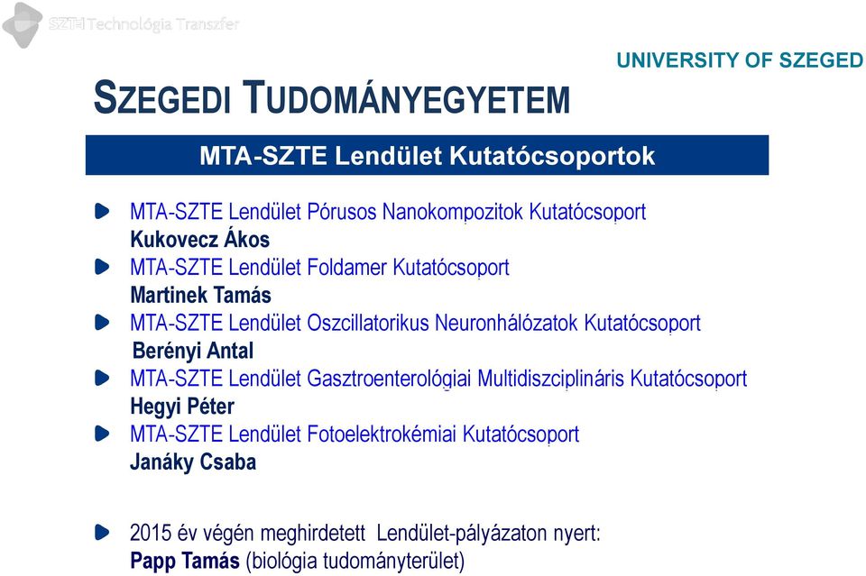 Neuronhálózatok Kutatócsoport Berényi Antal MTA-SZTE Lendület Gasztroenterológiai Multidiszciplináris Kutatócsoport Hegyi Péter