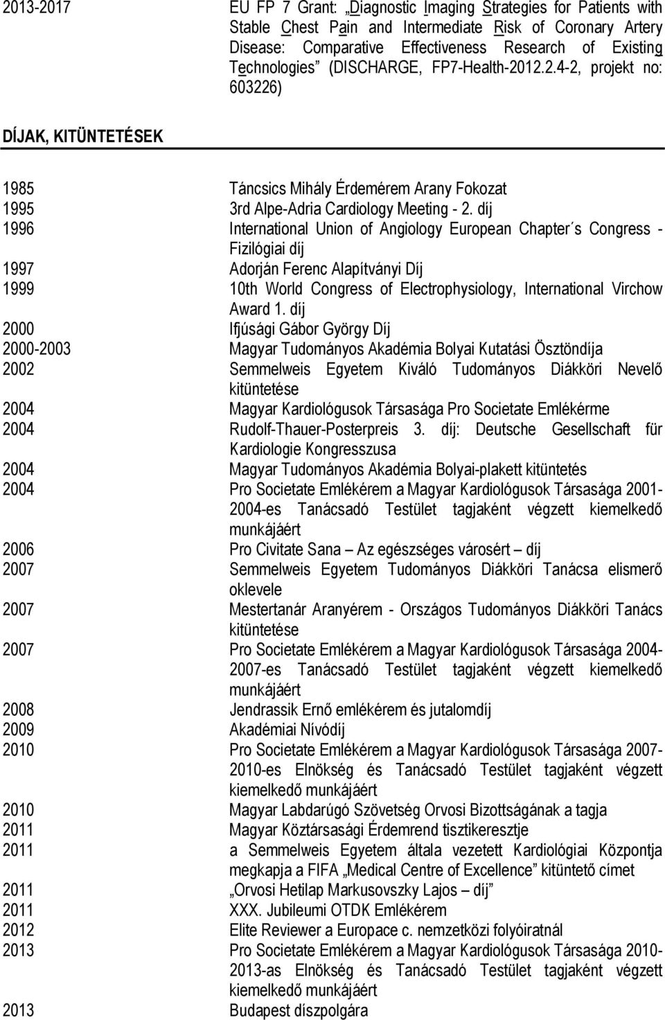 díj 1996 International Union of Angiology European Chapter s Congress - Fizilógiai díj 1997 Adorján Ferenc Alapítványi Díj 1999 10th World Congress of Electrophysiology, International Virchow Award 1.