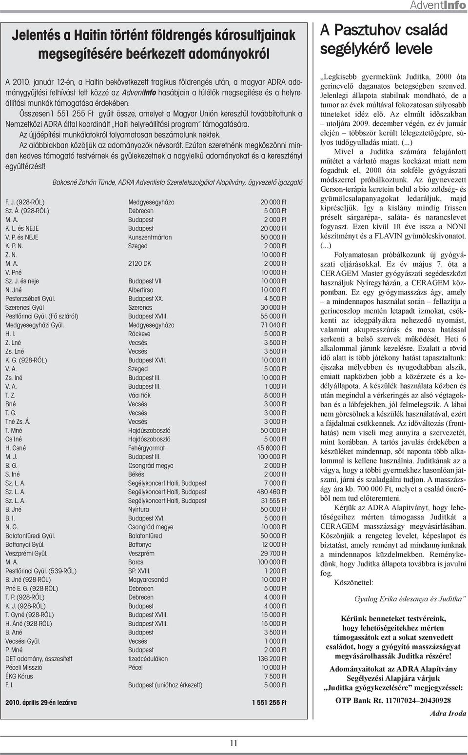 érdekében. Összesen1 551 255 Ft gyűlt össze, amelyet a Magyar Unión keresztül továbbítottunk a Nemzetközi ADRA által koordinált Haiti helyreállítási program támogatására.