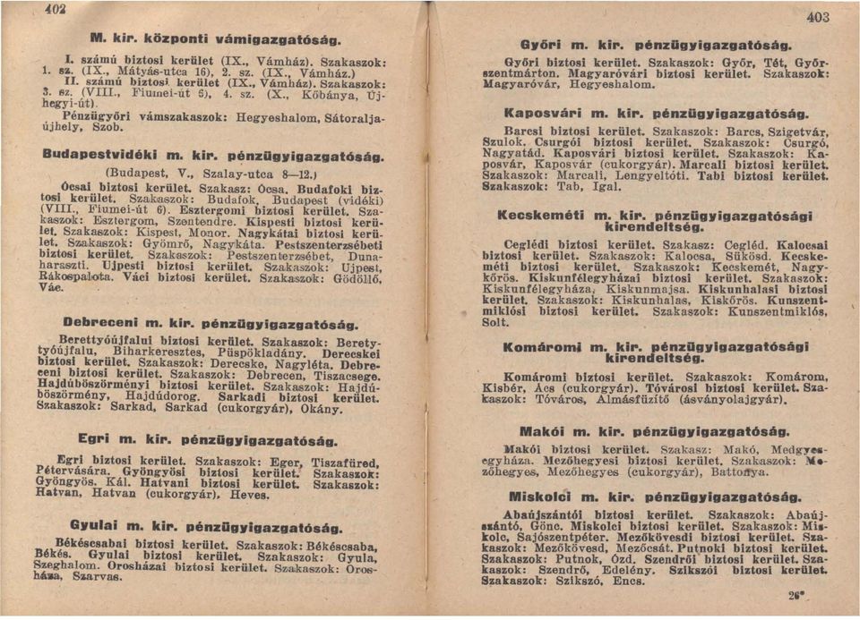 ) Ócsai biztosi kerület. Szakasz: OC8&. Budafoki biztosi ket'ü!et. SZll>kJaszok: Budafok. Bud,apest (V'idéki) (VIII. Fiumei-út 6). Esztergomi biztosi kerület. Szak8lSzok: Esztergom, Szentendre.