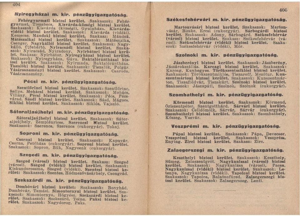 Nagykállói biztosl kerület. Szaka~zok: Nagy: kálló, Újfehértó. NyIracsádi biztosi kerület. Szaka- 8zok: NYIracsád, NYIradony. Nyirbátori biztosi kerü. let. Szakasz: Nyirbátor.