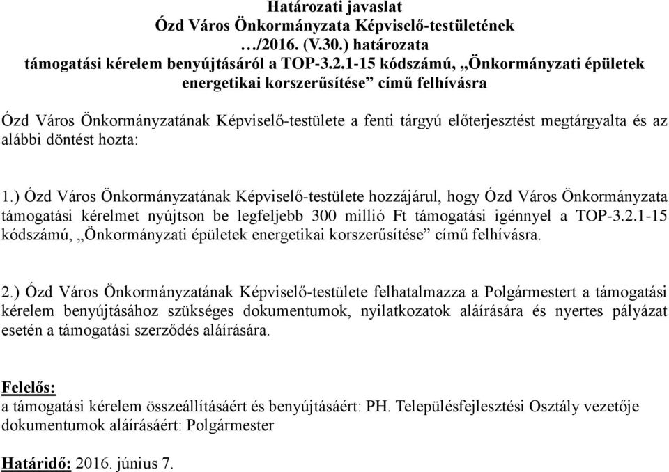 1-15 kódszámú, Önkormányzati épületek energetikai korszerűsítése című felhívásra Ózd Város Önkormányzatának Képviselő-testülete a fenti tárgyú előterjesztést megtárgyalta és az alábbi döntést hozta: