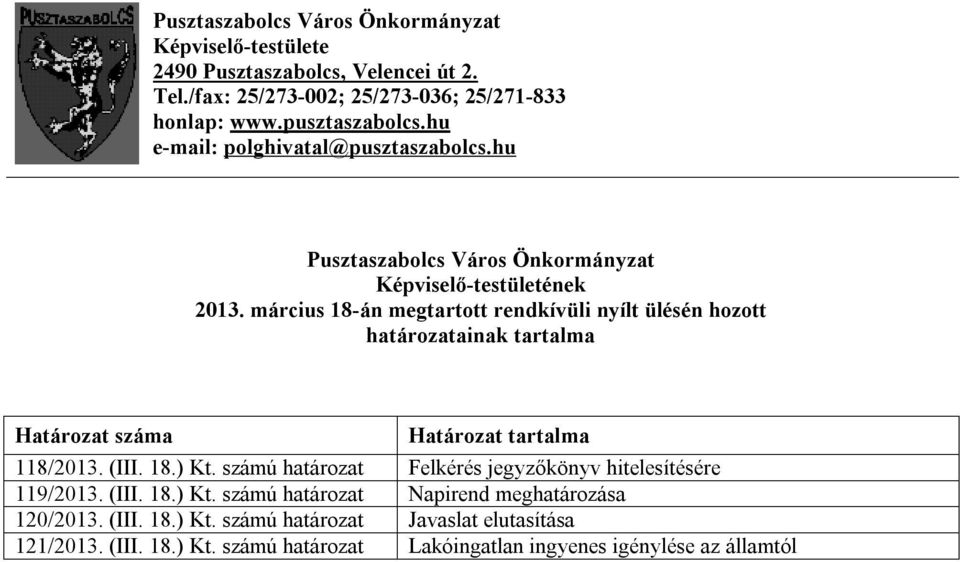 március 18-án megtartott rendkívüli nyílt ülésén hozott határozatainak tartalma Határozat száma Határozat tartalma 118/2013. (III. 18.) Kt.