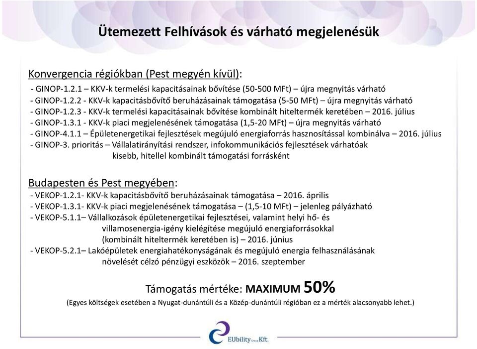 július - GINOP-3. prioritás Vállalatirányítási rendszer, infokommunikációs fejlesztések várhatóak kisebb, hitellel kombinált támogatási forrásként Budapesten és Pest megyében: - VEKOP-1.2.