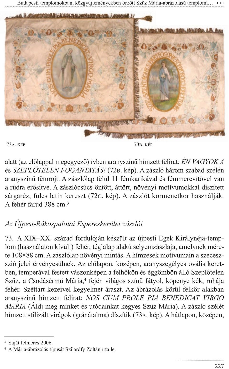 A zászlólap felül 11 fémkarikával és fémmerevítővel van a rúdra erősítve. A zászlócsúcs öntött, áttört, növényi motívumokkal díszített sárgaréz, füles latin kereszt (72C. kép).