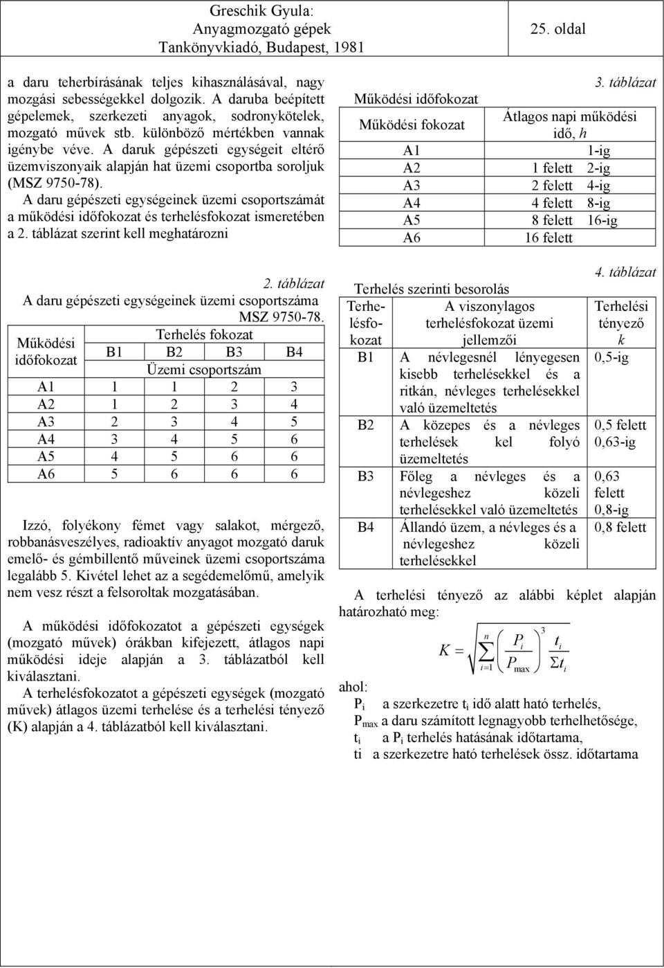 A daru gépészeti egységeinek üzemi csoportszámát a működési időfokozat és terhelésfokozat ismeretében a. táblázat szerint kell meghatározni.