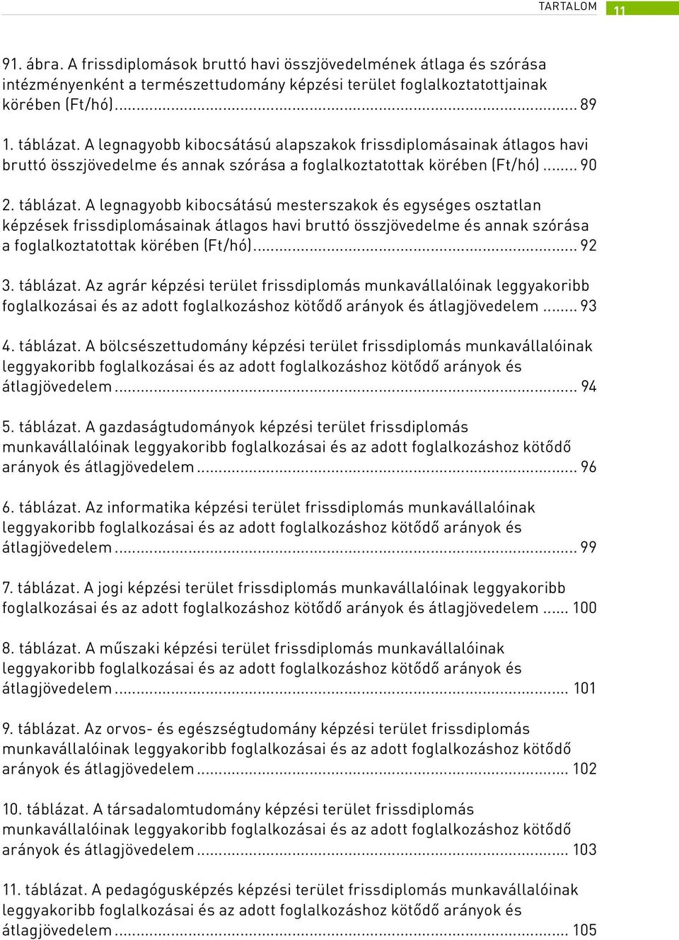 A legnagyobb kibocsátású mesterszakok és egységes osztatlan képzések frissdiplomásainak átlagos havi bruttó összjövedelme és annak szórása a foglalkoztatottak körében (Ft/hó)... 92 3. táblázat.