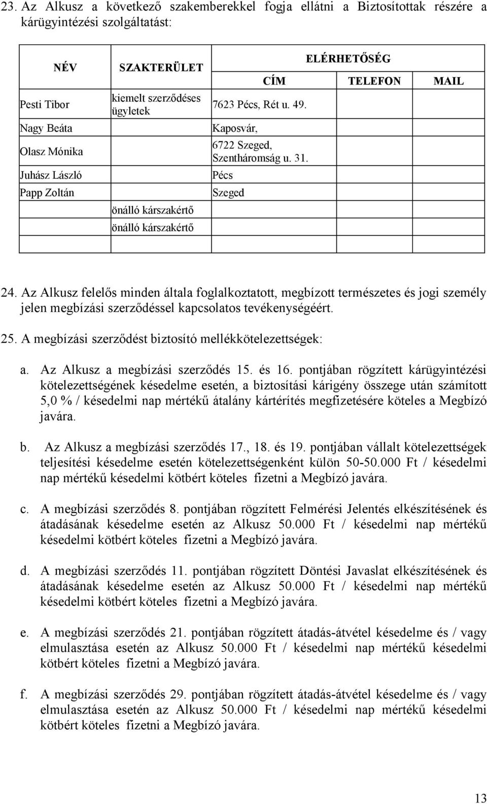 Az Alkusz felelős minden általa foglalkoztatott, megbízott természetes és jogi személy jelen megbízási szerződéssel kapcsolatos tevékenységéért. 25.