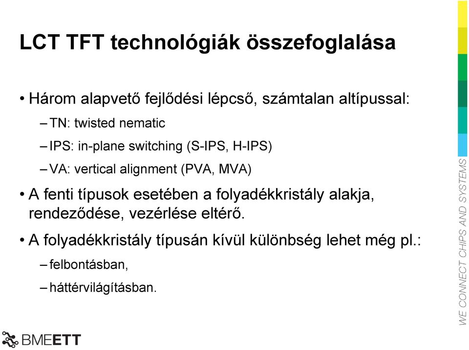 alignment (PVA, MVA) A fenti típusok esetében a folyadékkristály alakja, rendeződése,