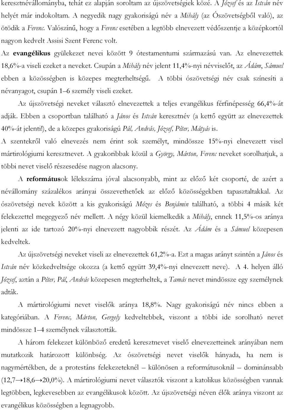 Valószínű, hogy a Ferenc esetében a legtöbb elnevezett védőszentje a középkortól nagyon kedvelt Assisi Szent Ferenc volt. Az evangélikus gyülekezet nevei között 9 ótestamentumi származású van.