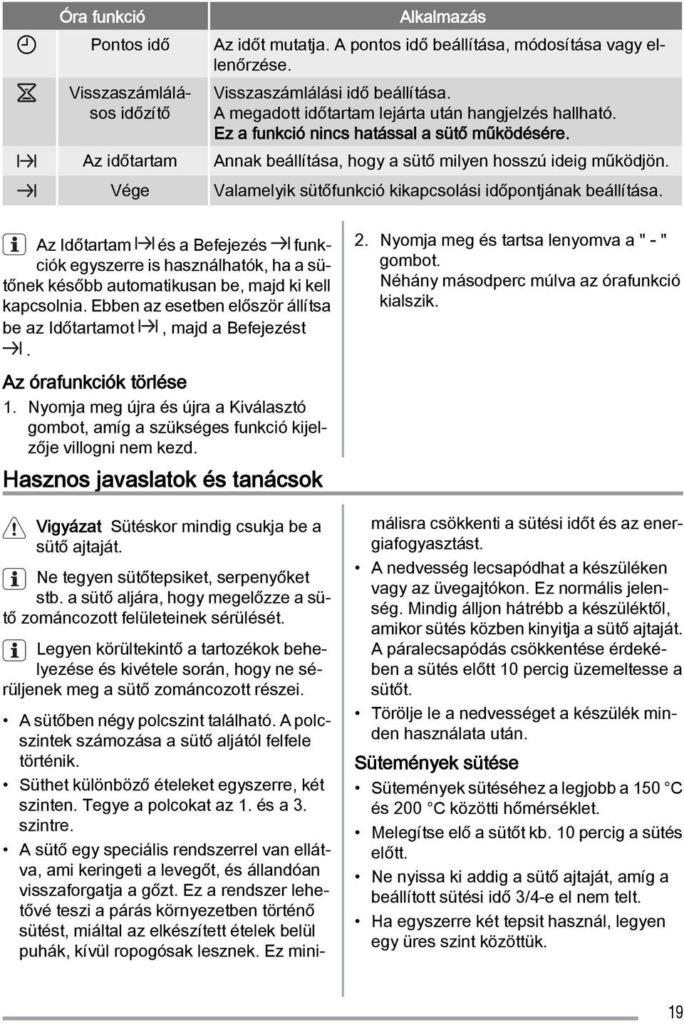 Visszaszámlálásos időzítő Az időtartam Vége Alkalmazás Valamelyik sütőfunkció kikapcsolási időpontjának beállítása.