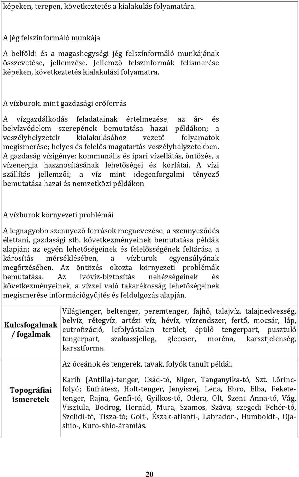 A vízburok, mint gazdasági erőforrás A vízgazdálkodás feladatainak értelmezése; az ár- és belvízvédelem szerepének bemutatása hazai példákon; a veszélyhelyzetek kialakulásához vezető folyamatok