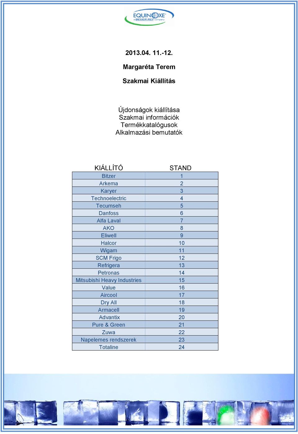 bemutatók KIÁLLÍTÓ STAND Bitzer 1 Arkema 2 Karyer 3 Technoelectric 4 Tecumseh 5 Danfoss 6 Alfa Laval 7 AKO 8