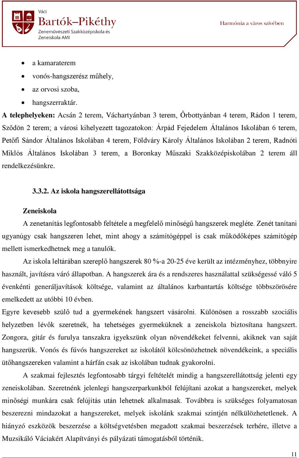 Sándor Általános Iskolában 4 terem, Földváry Károly Általános Iskolában 2 terem, Radnóti Miklós Általános Iskolában 3 terem, a Boronkay Műszaki Szakközépiskolában 2 terem áll rendelkezésünkre. 3.3.2. Az iskola hangszerellátottsága Zeneiskola A zenetanítás legfontosabb feltétele a megfelelő minőségű hangszerek megléte.