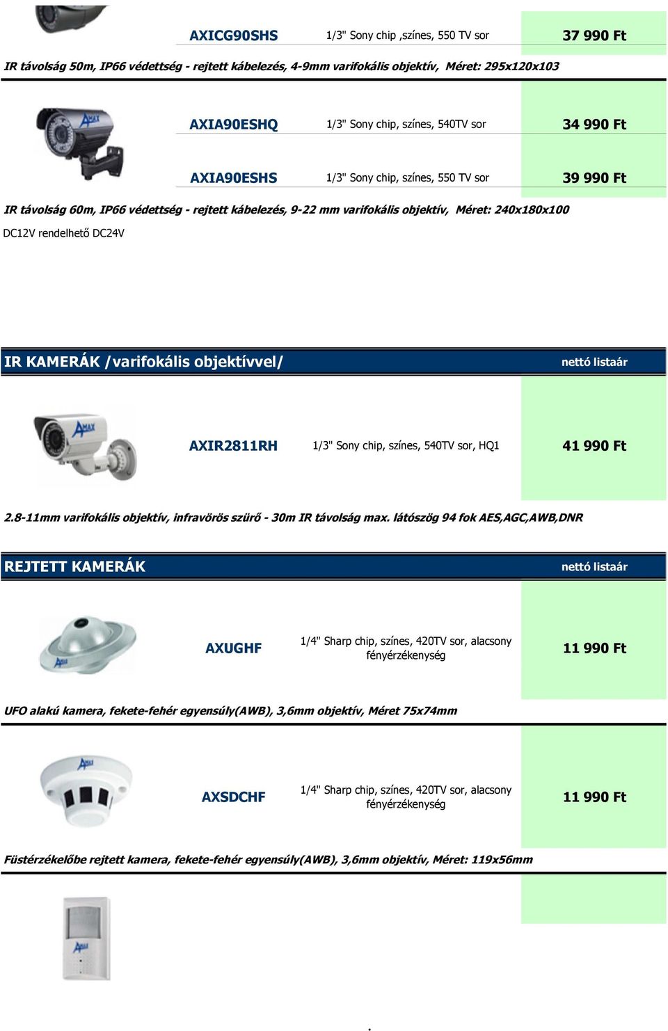 KAMERÁK /varifokális objektívvel/ AXIR2811RH 1/3" Sony chip, színes, 540TV sor, HQ1 41 990 Ft 28-11mm varifokális objektív, infravörös szürő - 30m IR távolság max látószög 94 fok AES,AGC,AWB,DNR