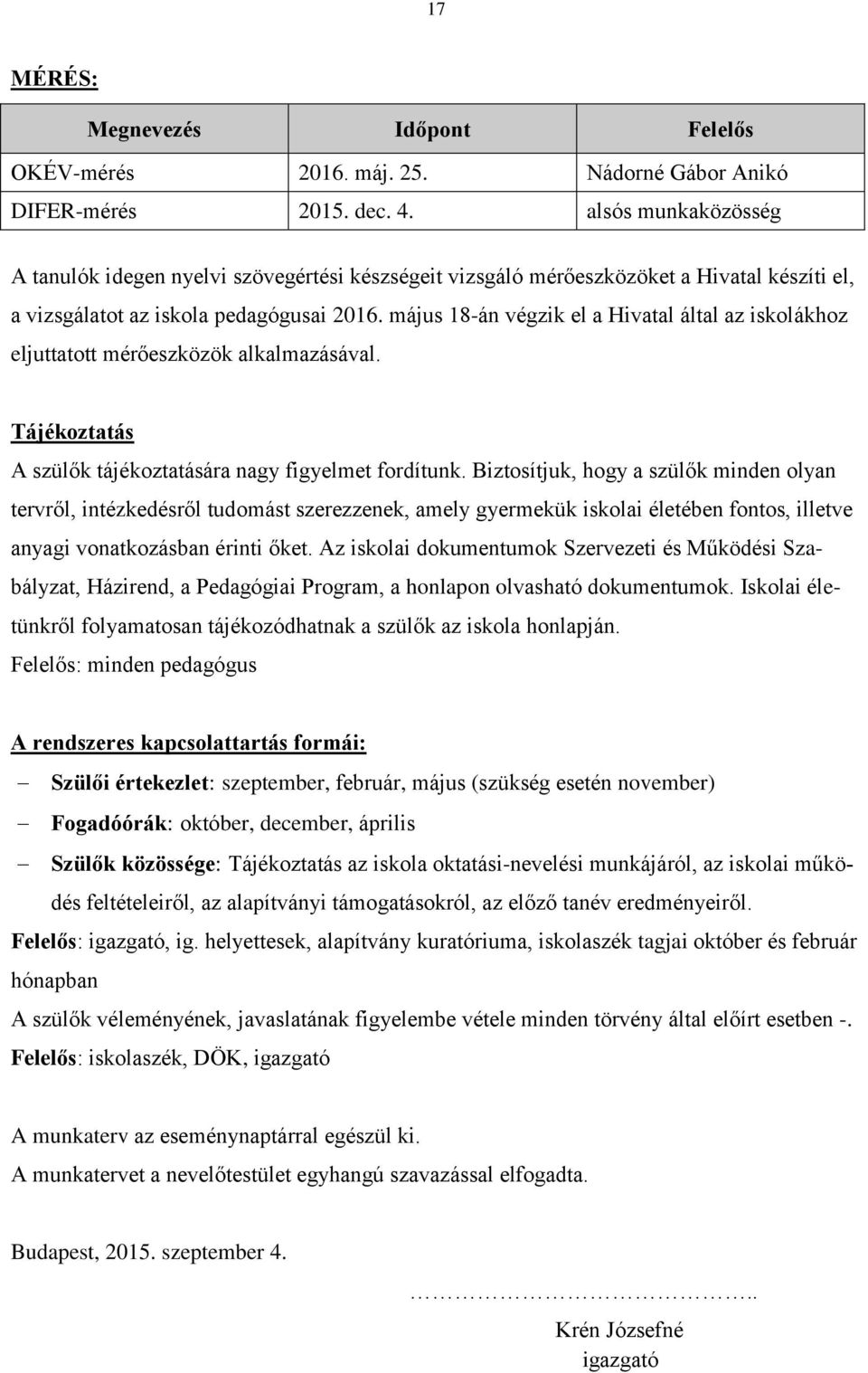 május 18-án végzik el a Hivatal által az iskolákhoz eljuttatott mérőeszközök alkalmazásával. Tájékoztatás A szülők tájékoztatására nagy figyelmet fordítunk.