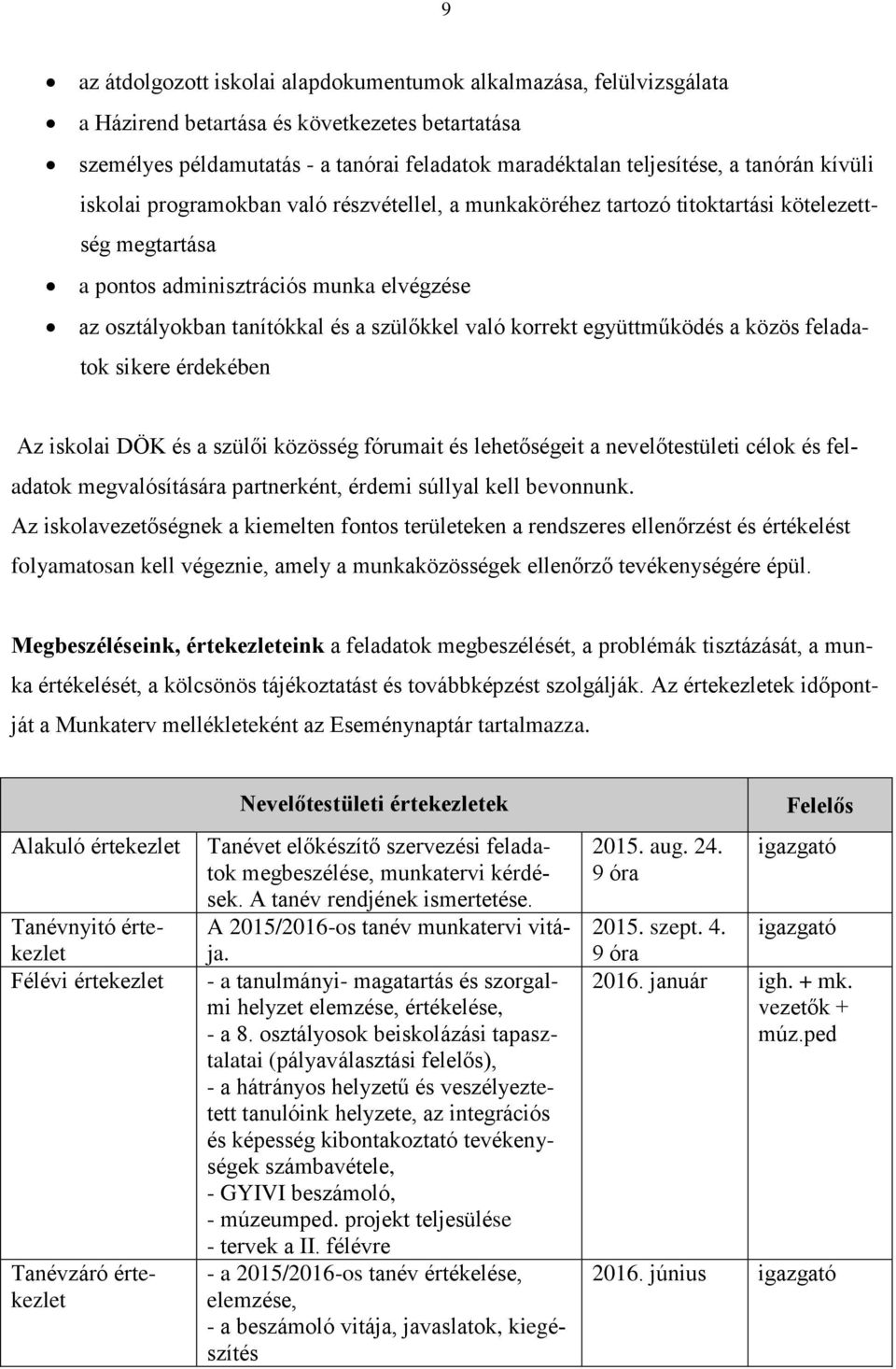 való korrekt együttműködés a közös feladatok sikere érdekében Az iskolai DÖK és a szülői közösség fórumait és lehetőségeit a nevelőtestületi célok és feladatok megvalósítására partnerként, érdemi