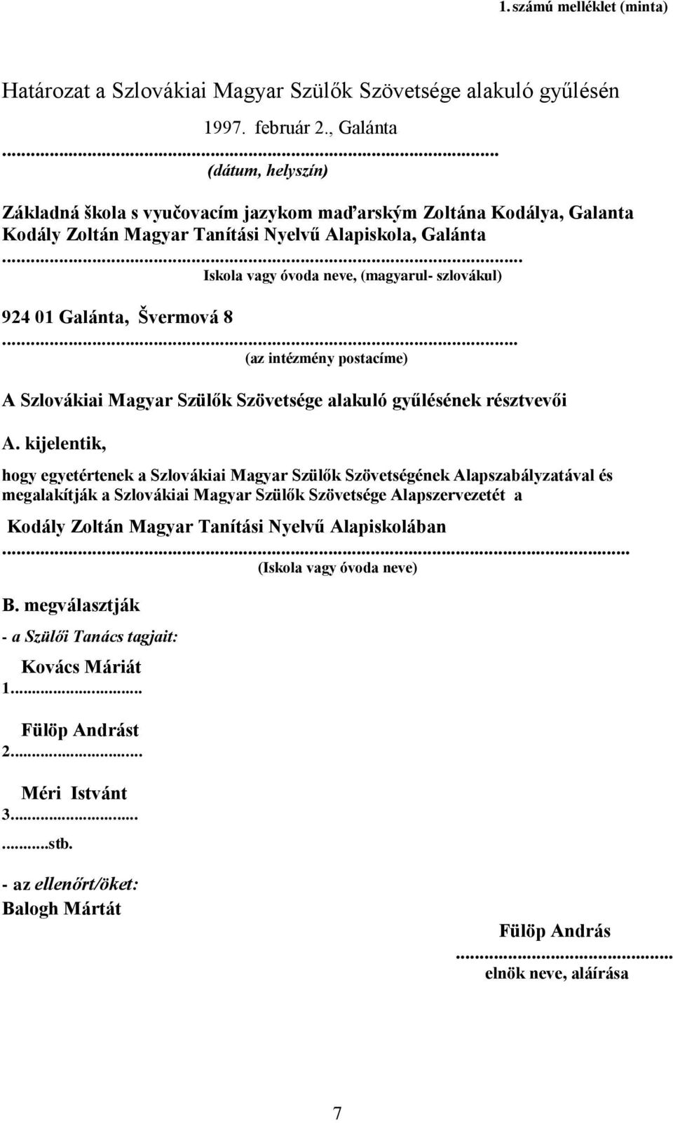 .. Iskola vagy óvoda neve, (magyarul- szlovákul) 924 01 Galánta, Švermová 8... (az intézmény postacíme) A Szlovákiai Magyar Szülők Szövetsége alakuló gyűlésének résztvevői A.