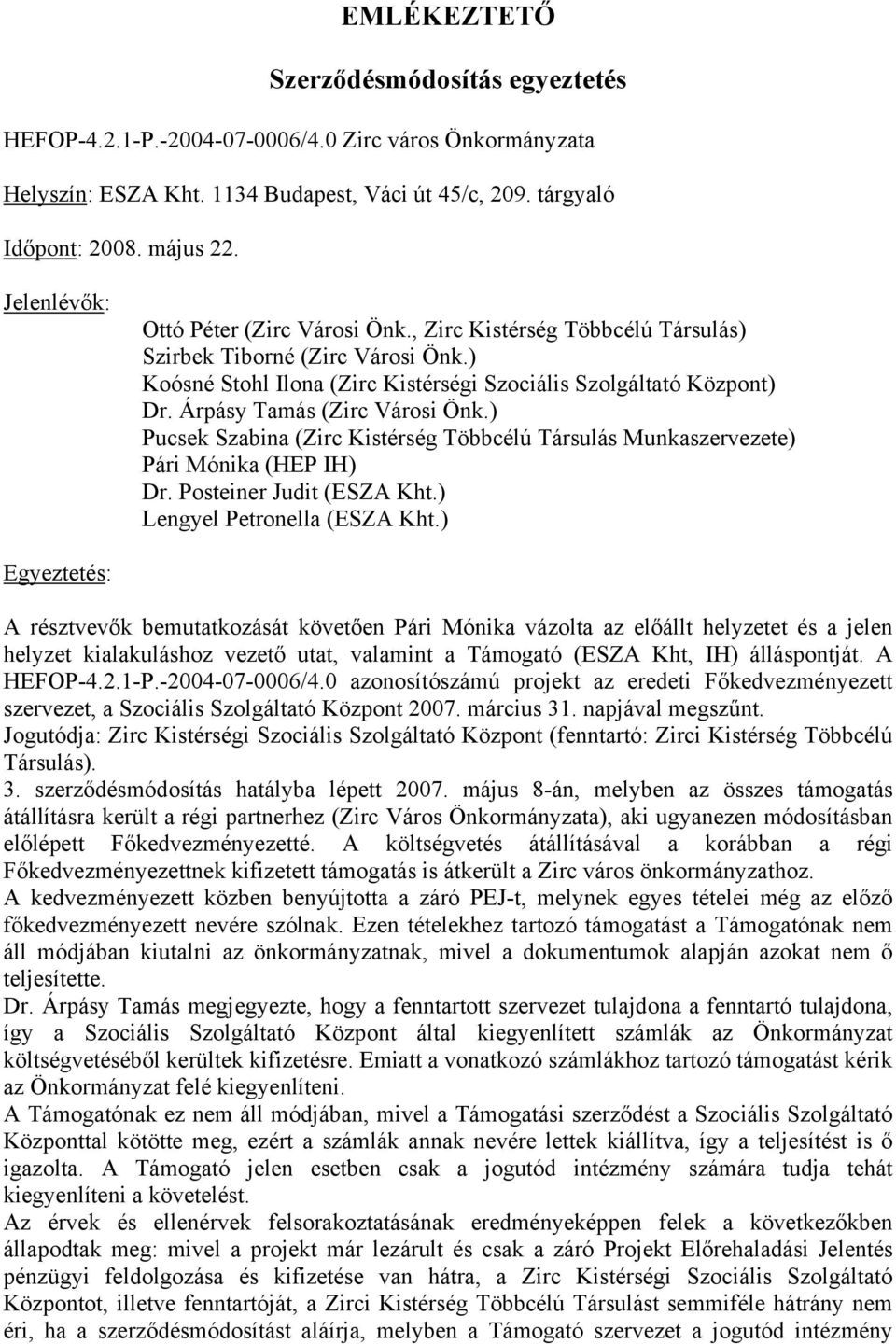 Árpásy Tamás (Zirc Városi Önk.) Pucsek Szabina (Zirc Kistérség Többcélú Társulás Munkaszervezete) Pári Mónika (HEP IH) Dr. Posteiner Judit (ESZA Kht.) Lengyel Petronella (ESZA Kht.