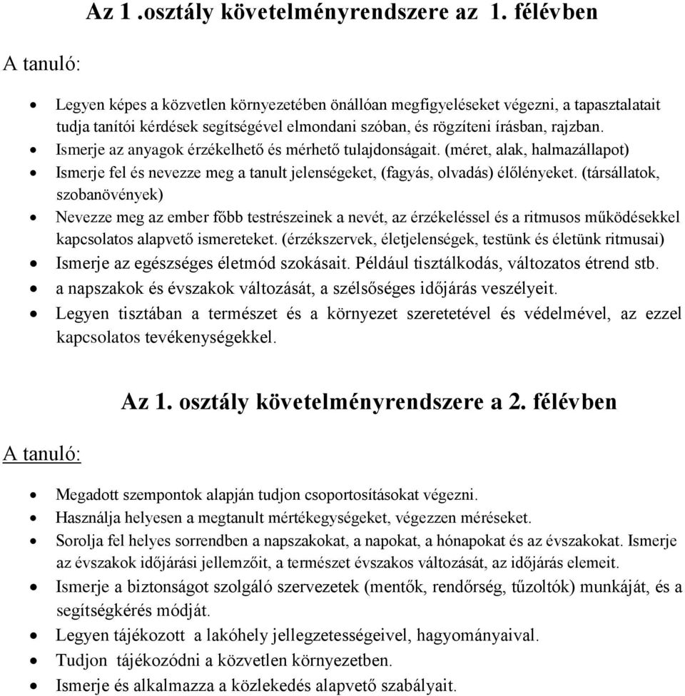 Ismerje az anyagok érzékelhető és mérhető tulajdonságait. (méret, alak, halmazállapot) Ismerje fel és nevezze meg a tanult jelenségeket, (fagyás, olvadás) élőlényeket.