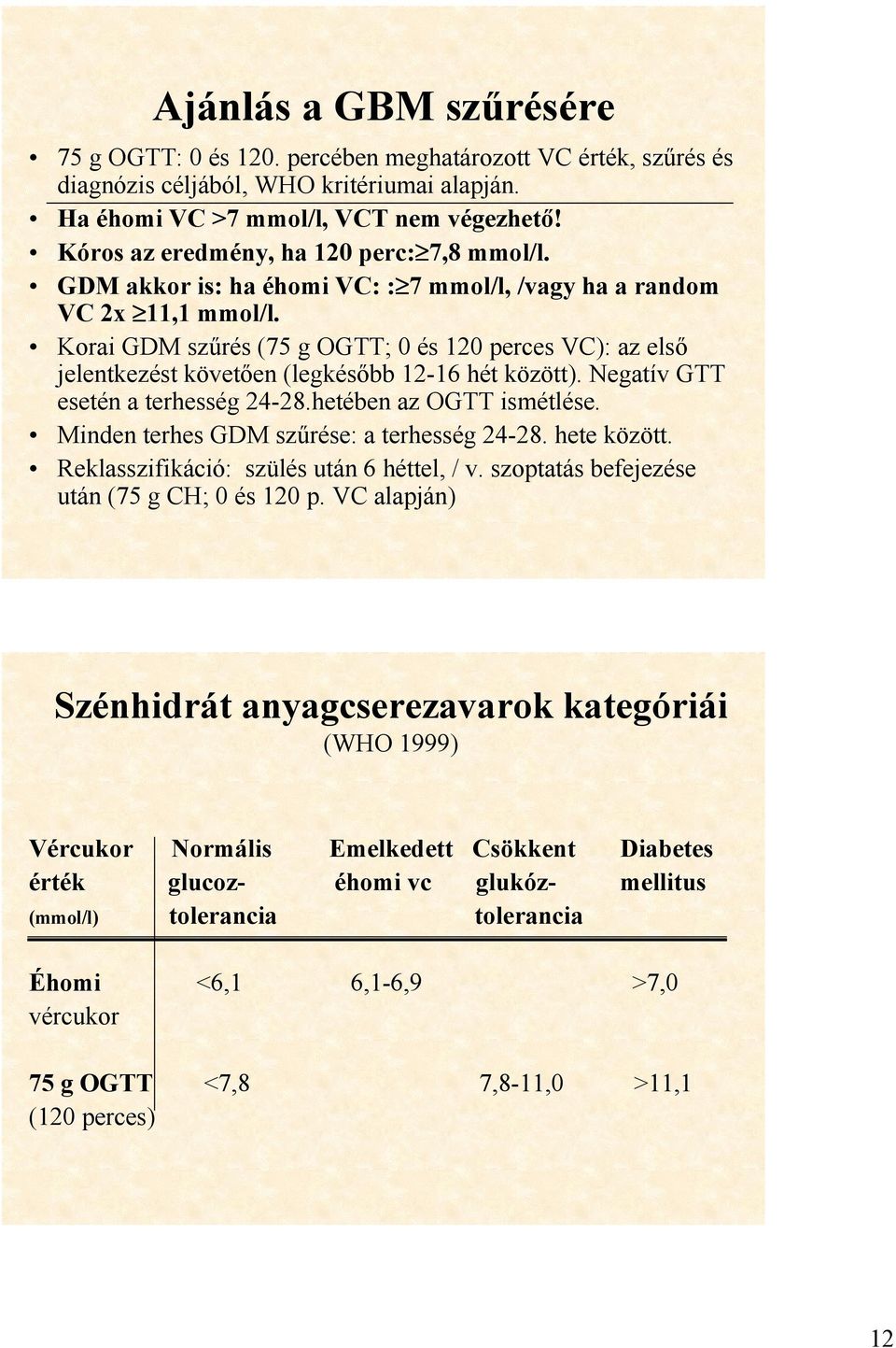 Korai GDM szűrés (75 g OGTT; 0 és 120 perces VC): az első jelentkezést követően (legkésőbb 12-16 hét között). Negatív GTT esetén a terhesség 24-28.hetében az OGTT ismétlése.