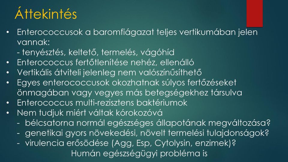 betegségekhez társulva Enterococcus multi-rezisztens baktériumok Nem tudjuk miért váltak kórokozóvá - bélcsatorna normál egészséges állapotának